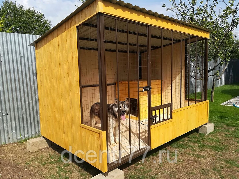 Ярко-желтый уличный загон для собак с возможностью проживания в будке внутри него