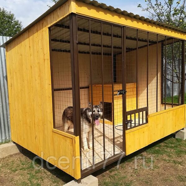 Желтый вольер для собак из экологически чистых материалов с будкой и утеплением: станьте другом природе